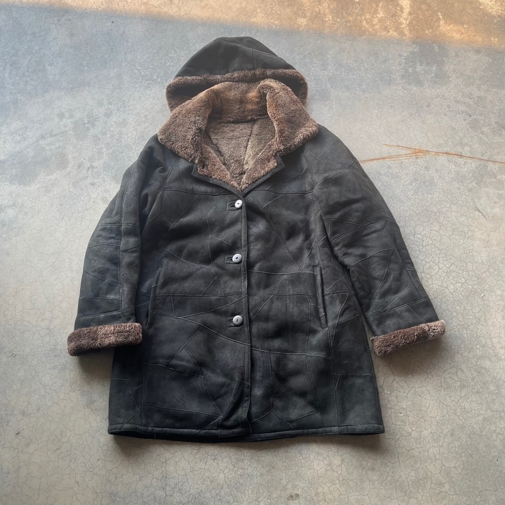 Hide Society Canada Black Patchwork Shearling Hooded Coat Women Suede Jacket